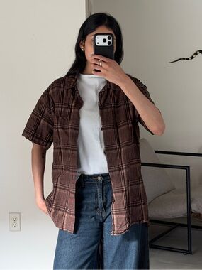 Oliver Spencer Brown Plaid Short-Sleeve Button-Down Shirt